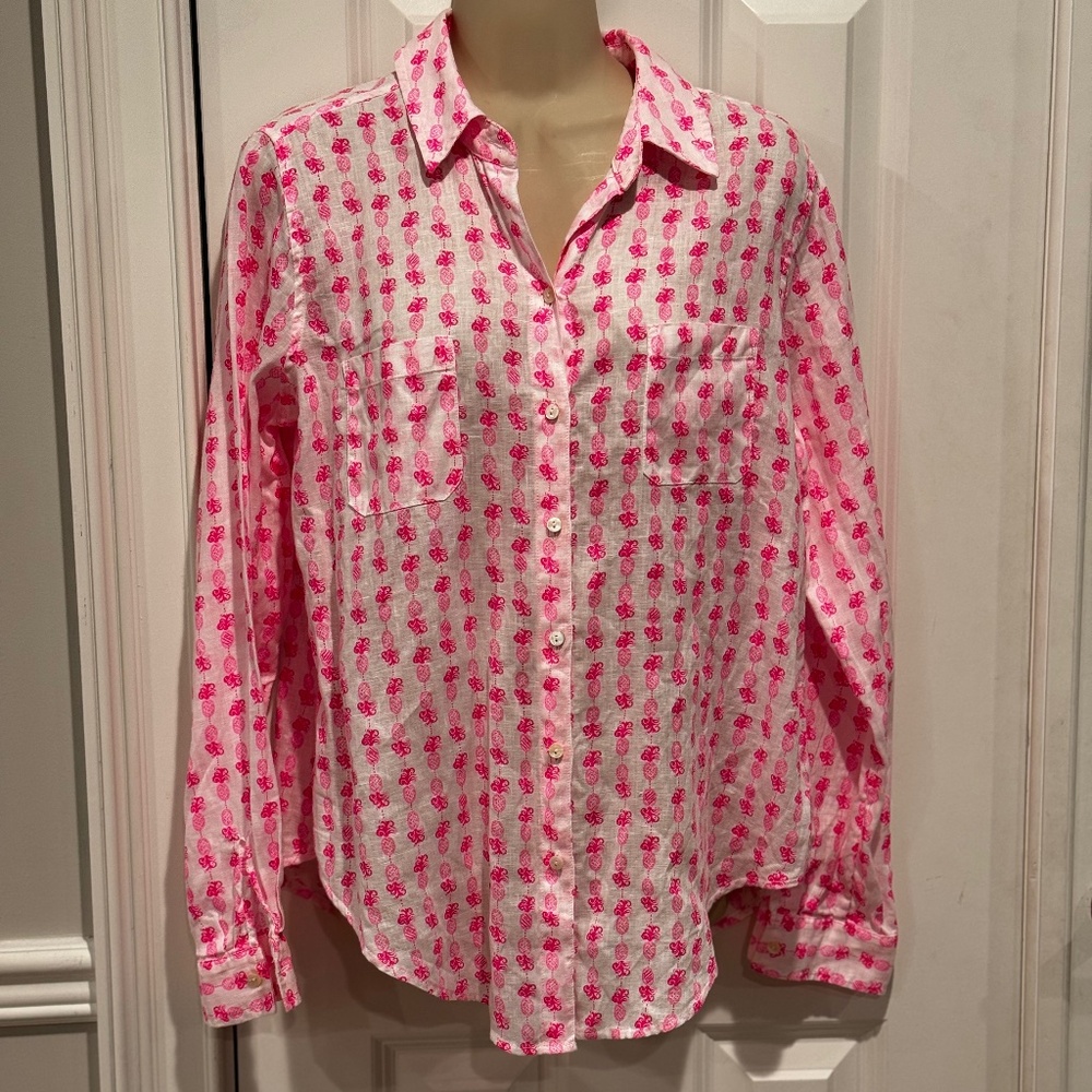 Lilly Pulitzer Sea View Button Down 100% Linen Pineapple Pink Preppy Womens sz S